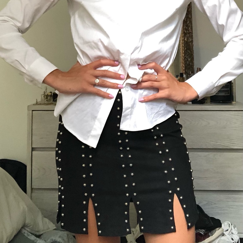 Black Studded Pleated Suede Mini Skirt